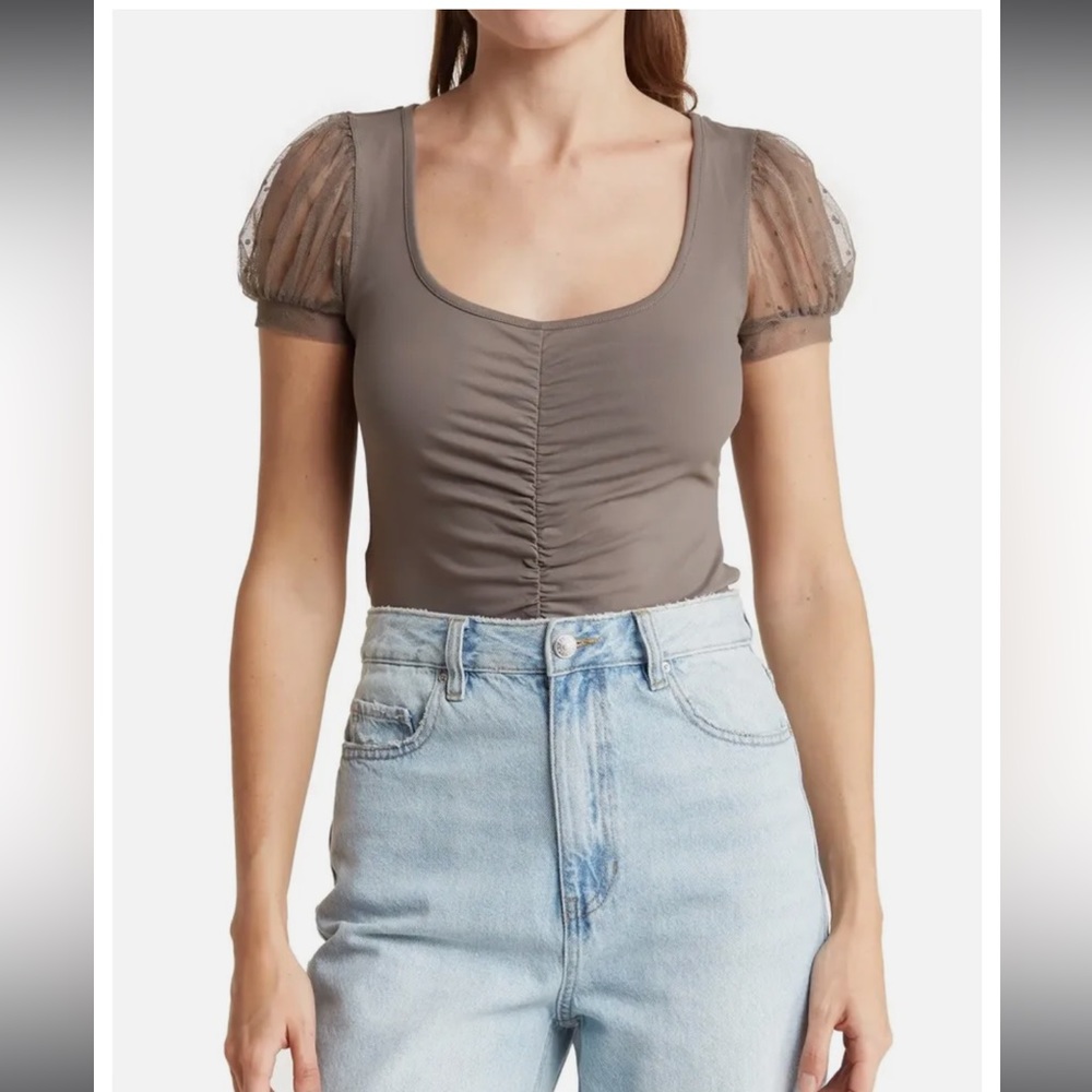 Free People Blush Up Cami Ruched Gray Lace Polka Dot